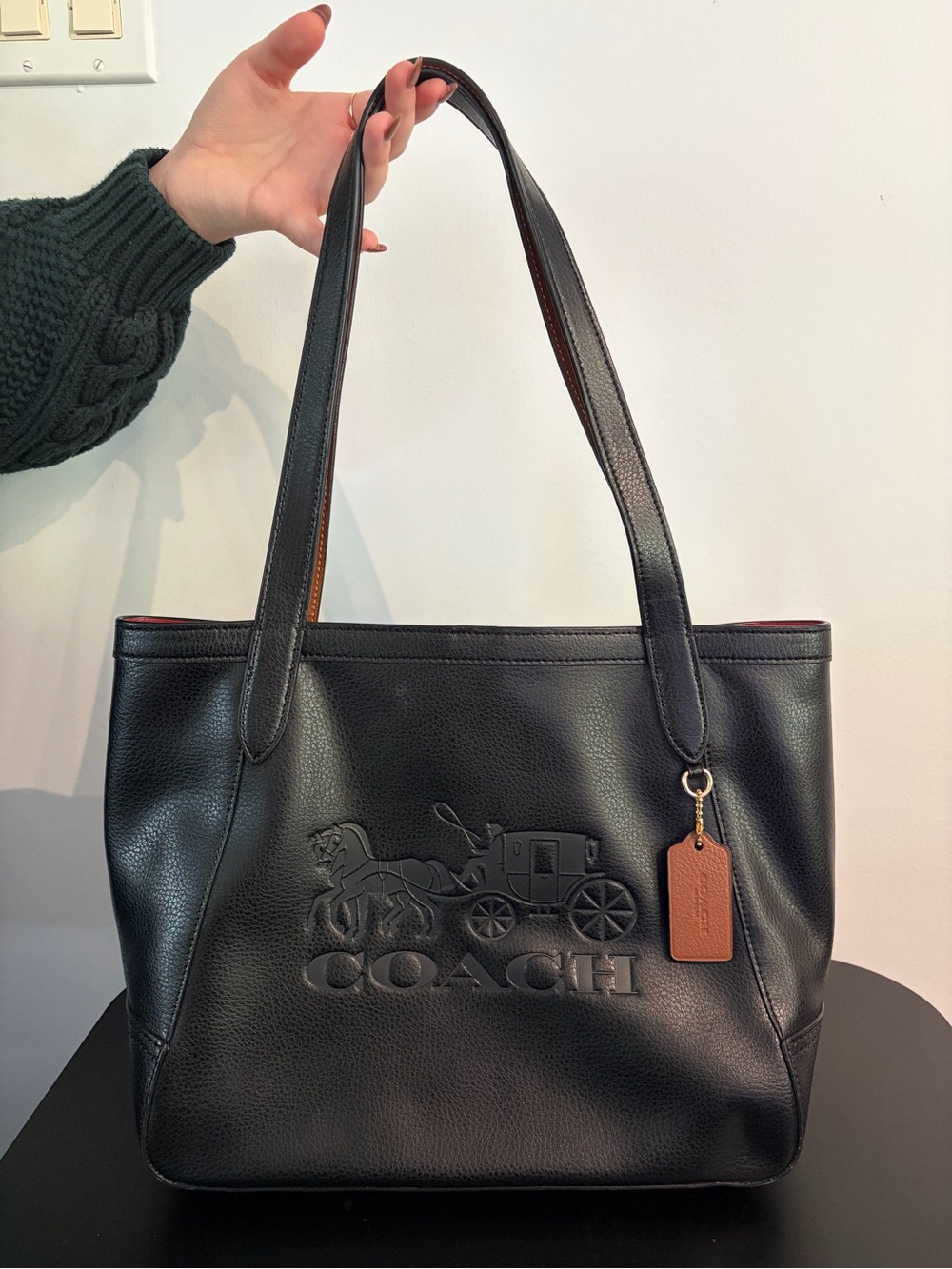 Coach Black Leather Tote with Embossed Carriage and Tan Tag